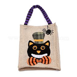 Burlap Halloween Candy Bag, Trick or Treat Tote, with Handles, Gift Bag Party Favors for Kids Boys Girls, Rectangle, Cat Pattern, 30.5x16x4.5cm