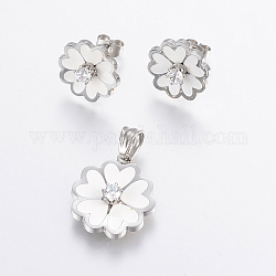 304 Stainless Steel Jewelry Sets, Pendants and Stud Earrings, with Enamel and Cubic Zirconia, Flower, Stainless Steel Color, 22x20x6mm, Hole: 7x5mm, 16x6mm, Pin: 0.8mm