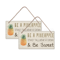 Natural Wood Hanging Wall Decorations, with Jute Twine, Rectangle, Colorful, Pineapple Pattern, 15x30x0.5cm