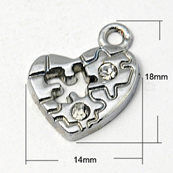 Zinc Alloy Pendants, with Rhinestone Beads, Grade A, Heart, Platinum, 18x14x2mm, Hole: 2mm