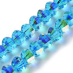 Transparentes cuentas de vidrio electroplate hebras, color de ab chapado, facetados, semicírculo, azul acero claro, 7.2x7.5x4mm, agujero: 1.5 mm, aproximamente 80 pcs / cadena, 22.05'' (56 cm)