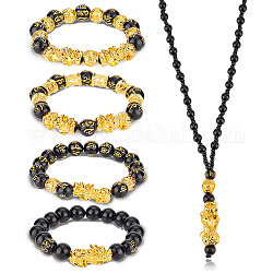 ANATTASOUL 5Pcs 5 Style Om Mani Padme Hum Mala Bead Bracelets & Buddhist Necklaces, Alloy Pi Xiu & Acrylic Beaded Stretch Bracelet & Pendant Necklace for Women, Mixed Color, Inner Diameter: 1-7/8~2-3/8 inch(4.8~6cm), 25.04 inch(63.6cm), 1Pc/style