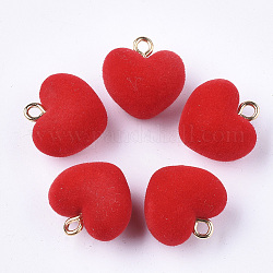 Pendentifs en acrylique flocky, avec des boucles de cuivre, cœur, or, rouge, 18.5x18x13mm, Trou: 2.5mm
