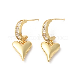 Aretes colgantes de corazón con circonita cúbica transparente, joyas de latón para mujer, real 18k chapado en oro, 26x11mm
