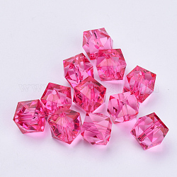 Perles en acrylique transparente, facette, cube, support violet rouge, 12x12x10mm, Trou: 1.5mm, environ 510 pcs/500 g