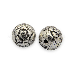 Perles de laiton gravés, ronde avec motif de fleurs, sans nickel, argent antique, 14mm, Trou: 2mm