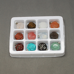 Gemstone Pendants, with Brass Clasps, Mixed Stone, Rose Flower, Mixed Color, 23x20x7mm, Hole: 6x2mm, 12pcs/box