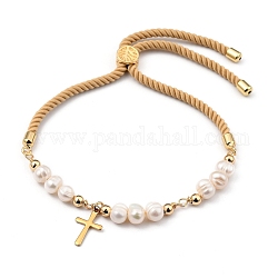 Adjustable Nylon Cord Slider Bracelets, Bolo Bracelets, with Natural Pearl Beads, 304 Stainless Steel Cross Charms and Brass Beads, Light Khaki, Inner Diameter: 1-5/8~3-7/8 inch(4~10cm)