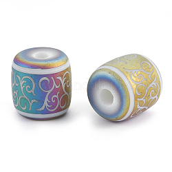 Perles en verre electroplate, mat, tonneau avec motif de vigne, multi-couleur plaquée, 12x11.5mm, trou: 3 mm, 100 PCs / sac
