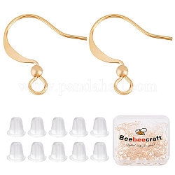 Beebeecraft 120pcs crochets de boucle d'oreille en laiton, avec boucle horizontale et perles, avec 120 pièces en plastique poussoirs d'oreilles, or, 16x15.5x2.5mm, Trou: 2.5mm, 24 jauge, pin: 0.5 mm