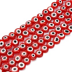 Perles vernissées manuelles, mauvais œil, plat rond, rouge, environ 8 mm de diamètre, épaisseur de 4mm, Trou: 1mm, Environ 50 pcs/chapelet
