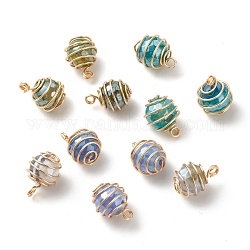 Electroplated Natural Agate Penndants, with Copper Wire Wrapped, Golden, Faceted Round, Mixed Color, 18x13mm, Hole: 2~2.5mm