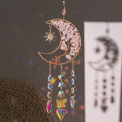 Copeaux de quartz rose naturel de lune et attrape-soleil en verre, décorations suspendues avec accessoires en métal doré, 360mm