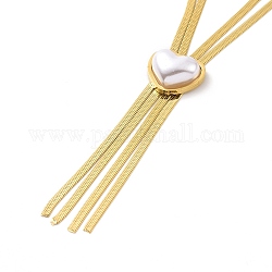 Acrylic Pearl Pendant Lariat Necklace, Golden 304 Stainless Steel Herringbone Chain Double Layer Neklace for Women, Heart Pattern, 17.13 inch(43.5cm), Heart: 14x16x16mm