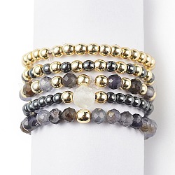5Pcs 5 Style Natural Rainbow Moonstone & Dichroite & Synthetic Hematite Round Beaded Stretch Finger Rings Set, Gemstone Jewelry for Women, Mixed Color, US Size 9(18.9mm), 1Pc/style