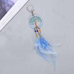 Natural Quartz Tree of Life Keychain, Iron Woven Net with Feather Keychain, Dodger Blue, 280mm