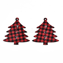 Ciondoli grandi in legno stampati su un lato a tema natalizio, albero di natale con motivo scozzese, rosso, 79x73x2mm, Foro: 3.5 mm