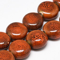 手作りの陶器ビーズ  ファンシーアンティーク施釉磁器  フラットラウンド  チョコレート  14~14.5x6.5~7mm  穴：2.5mm