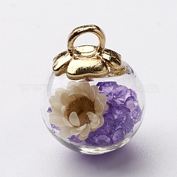 Colgantes de la bola de cristal, con fornituras de plástico ccb, aleatoria de flores secas y rhinestone, púrpura medio, 23.5x18.5mm, agujero: 3.5 mm