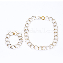 Aluminum Textured Curb Chain Bracelets & Necklaces Jewelry Sets, with Alloy Toggle Clasps, Light Gold, 7-1/2 inch(19cm), 16.53 inch(42cm)