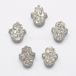 Perline di cristallo druzy mano hamsa, electroplate perline di cristallo naturale druzy, platino placcato, 13x10.5x4.5~5mm, Foro: 1 mm