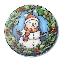 Ciondoli grandi natalizi in porcellana stampata a mano, piatta fascino rotondo, pupazzo di neve, 76x3.5mm, Foro: 5 mm