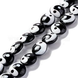 Handmade Lampwork Beads Strands, Flat Round with Yin Yang Pattern, Black & White, 16~17x9mm, Hole: 1.2mm, about 25pcs/strand, 15.59 inch(39.6cm)