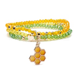 Bracelet multi-rangs triple couche en verre rond mauvais œil, bracelet extensible en alliage d'émail avec breloque en forme de ruche pour femme, vert jaune, diamètre intérieur: 2-1/4 pouce (5.7 cm)