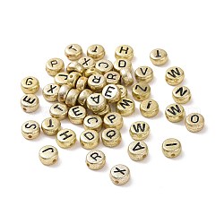 Perles acryliques plaquées, trou horizontal, plat rond avec la lettre, plaqué or, noir, lettres mixtes aléatoires, 7x4mm, Trou: 1.2mm, environ3600 pcs / 500 g.
