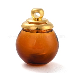 Colgantes de botellas de vidrio, con tapa de latón, colgante de botella de deseo, colgante de botella recargable, redondo, dorado, tierra de siena, 23.5mm, agujero: 2 mm