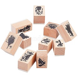 DIYスクラップブックセット  木製切手付き  蝶と植物の模様を持つ長方形  バリーウッド  22~42x22~45.5x24mm  10個/箱