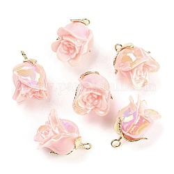 Opaque Resin Pendants, AB Color, Flower Charms with Golden Plated Alloy Leaf, Pink, 22.5x18x17mm, Hole: 2.3mm