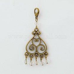 Glass Pendant Decorations Backpack Charms, with Tibetan Style Chandelier Components and Alloy Lobster Claw Clasps, Clear, 61mm
