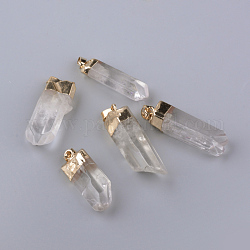 Galvanisieren natürlichen Quarzkristall-Anhänger, Bergkristall, mit  eisernem Zubehör, kantille, golden, 35~47x10~16x10~15 mm, Bohrung: 6x3 mm
