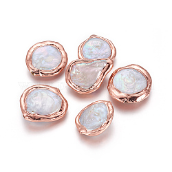 Culture des perles perles d'eau douce naturelles, avec bord en laiton, pépites, blanc, or rose, 22.5~27x18~21x5.5~9.5mm, Trou: 1mm