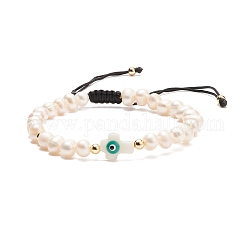 Braccialetto di perline intrecciate con conchiglia naturale e perle, braccialetto regolabile da donna croce con malocchio, verde acqua, diametro interno: 2-1/4~4 pollice (5.8~10 cm)
