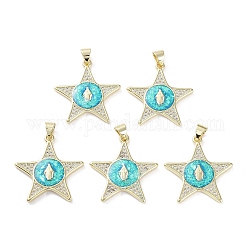 Rack Plating Brass Micro Pave Clear Cubic Zirconia Pendants, with Synthetic Opal, Cadmium Free & Lead Free, Long-Lasting Plated, Real 18K Gold Plated, Flat Round, Star, 25.5x24x2.5mm, Hole: 5.5x3.6mm