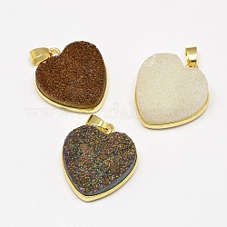 Electroplate Rough Bezel Gemstone Natural Druzy Crystal Pendants, with Golden Plated Brass Findings, Heart, Mixed Color, 24x21x4~10mm, Hole: 4x6mm