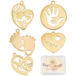 Beebeecraft 10Pcs 5 Style Mother's Day Charms 18K Gold Plated Palm Footprints Heart with Mom Word Charm Pendants for Mother's Day Birthday Earring Necklace Bracelet Jewelry Making