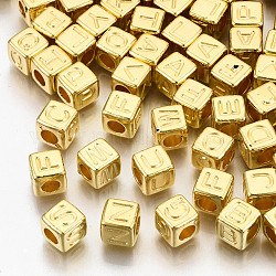 Ccb perline di plastica, foro orizzontale, cubo con lettera, oro, 7x7x7mm, Foro: 3.5 mm, circa 2000pcs/500g