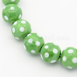Fatti a mano perle tonde lampwork fili, a pois, verde chiaro, 12mm, Foro: 2 mm, circa 23pcs/filo, 13.5 pollice
