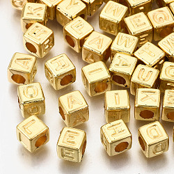 CCB пластиковые шарики, горизонтальное отверстие, куб с письмом, золотые, 6x6x6 мм, отверстие : 3 мм, Около 2800 шт / 500 г