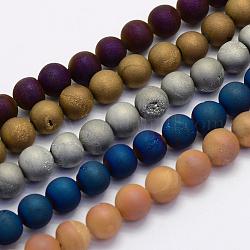 Electroplate Natural Druzy Agate Beads Strands, Dyed, Round, Frosted, Mixed Color, 6mm, Hole: 1mm, about 62pcs/strand, 15.7 inch(40cm)