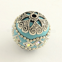 Round Handmade Rhinestone Indonesia Beads, with Antique Silver Alloy Cores, Crystal AB, Dark Turquoise, 19~21mm, Hole: 2mm