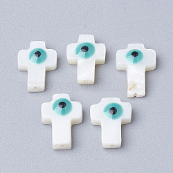 Perles de coquillages naturels d'eau douce, croiser avec le mauvais œil, bleu cadet, 13x9x3.5mm, Trou: 1mm