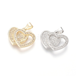 Brass Micro Pave Cubic Zirconia Pendants, Heart with Heart, Clear, Mixed Color, 16x19.5x3mm, Hole: 5x3.5mm