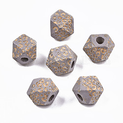 Painted Natural Wood Beads, Laser Engraved Pattern, Faceted, Polygon with Leopard Print, Light Grey, 10x10x10mm, Hole: 2mm