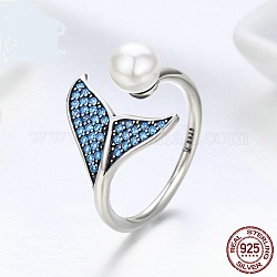 Regolabili 925 anelli di barretta d'argento sterlina, con zirconi e perla shell, con 925 francobollo, forma di coda di sirena, blu, argento antico, 1.5mm
