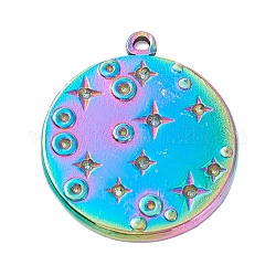 Vacuum Plating 304 Stainless Steel Pendant Rhinestone Cabochons, Flat Round with Star, Rainbow Color, 21x18x1.5mm, Hole: 1.2mm, Fit for 1mm and 1.2mm Rhinestone