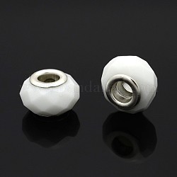 European Beads vetro sfaccettato, perline rondelle  con foro grande, con nucleo in ottone tono argento, bianco, 14x9mm, Foro: 5 mm